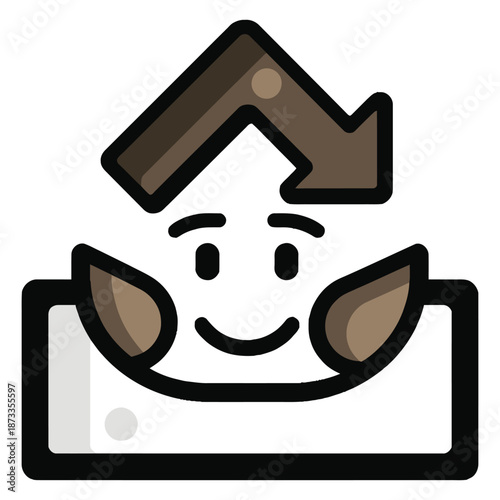 Smiling Cartoon Character with Arrow Icon.