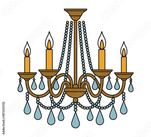 A beautiful golden chandelier with crystals and candles on a white background