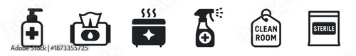 Set of black glyph icons representing hygiene and disinfection, including a sanitizer dispenser, tissue box, sterilizer, spray bottle, clean room tag, and sterile package
