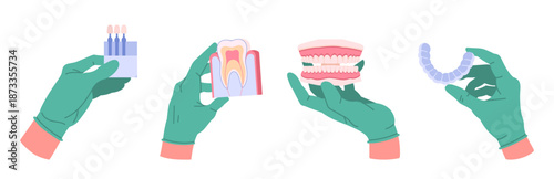 Dentist hands. Cartoon stomatologist hands in rubber gloves holding dental equipment, hands holding tools flat vector illustration set. Dentist tools in doctors palms