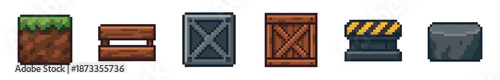 Set of pixel art game assets including earth, wood, metal, and industrial blocks for building or platformer levels, designed in a retro 8-bit video game style