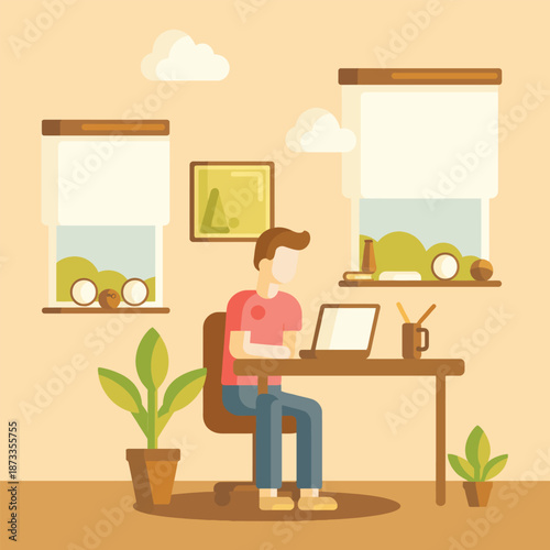 Woman Working on Laptop at Desk.