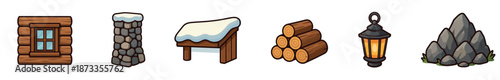 Collection of rustic cartoon mountain lodge icons featuring a log wall with a window, a snowy stone chimney, a pile of firewood, a vintage lantern, rocks, and a snow-covered roof