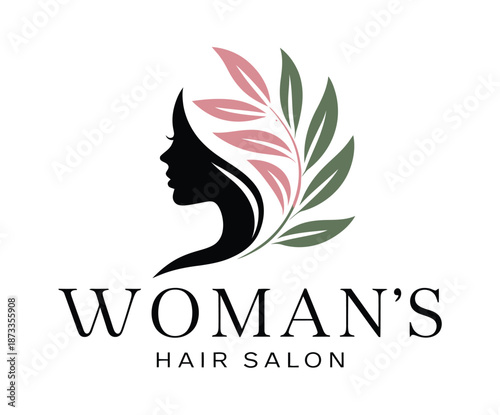 A logo for a woman's hair salon with a leafy design element