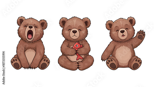 Cute Cartoon Brown Bear Cubs Set: Yawning, Holding Fish, and Waving Adorable Character Illustrations