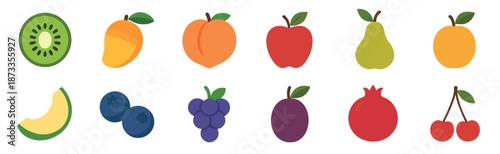 Collection of colorful fruit icons featuring kiwi, mango, peach, apple, pear, orange, melon, blueberry, grape, plum, pomegranate, and cherry in a simple flat vector illustration style