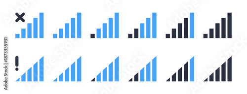 Network wifi icons. Wifi signs, mobile phone 5G and LTE wifi signal strength levels flat vector illustration set. Smartphone wifi signal indicators