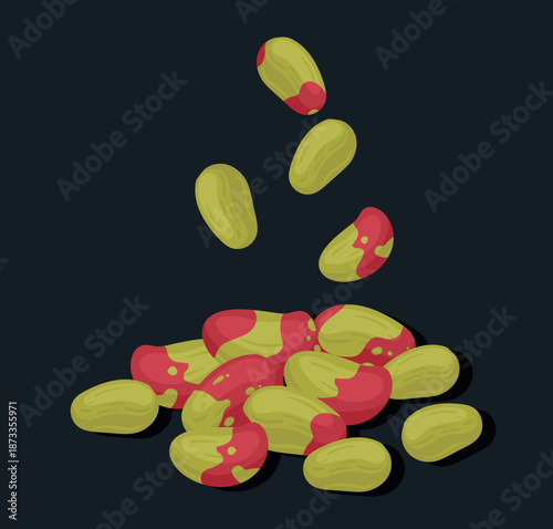 Raw pistachio nuts. Peeled pistachios handful, vegetarian diet organic tasty nut snack flat vector illustration. Tasty pistachio nuts