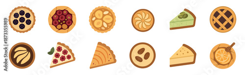 Large set of various sweet pies, tarts, and cheesecake slices presented as a collection of colorful flat design icons with different fruit, berry, and nut toppings