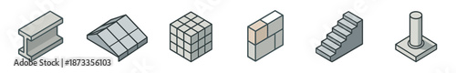 Set of construction and building material icons showing an isometric steel beam, tiled structure, block, wall section, stairs, and foundation bolt in a clean line art illustration style