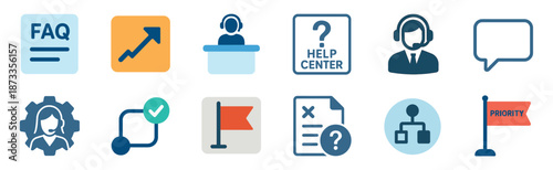 Customer service and helpdesk support icons featuring a call center agent, FAQ document, priority flag, and help center sign for business communication and technical assistance concepts