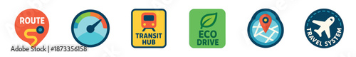 Collection of colorful flat design icons representing travel, transportation, and navigation concepts like route planning, eco driving, transit hubs, and air travel for modern applications