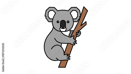 Cute cartoon koala clinging to a tree branch. Simple vector illustration of an Australian marsupial animal on white background.