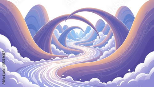 A surreal, dreamlike landscape featuring a winding river flowing through fantastical, pastel-colored mountains and clouds.