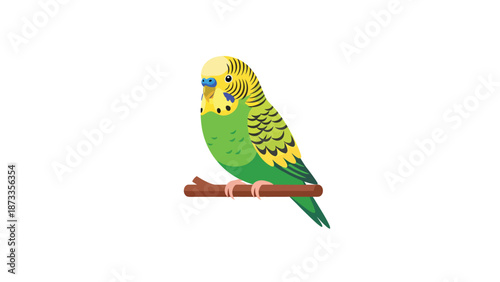 Green and Yellow Budgerigar Perched on Branch - Pet Bird Flat Design Illustration