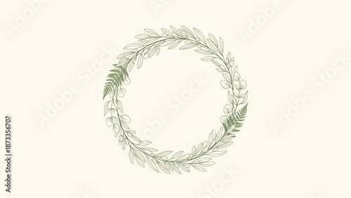 Delicate Circular Botanical Wreath Made of Green Leaves for Decoration.