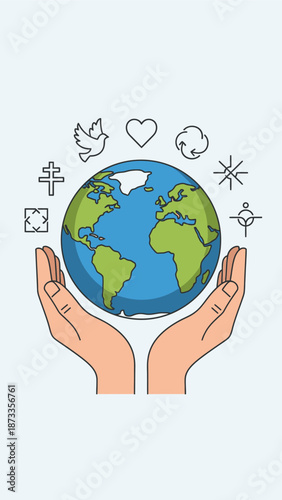 Caring hands cradling the earth with social media icons surrounding it via an illustrated graphic design