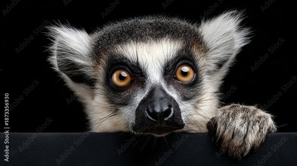 Naklejka premium Close-up of a curious lemur with striking golden eyes and distinctive black and white fur, peering over a ledge, showcasing its expressive features and playful demeanor