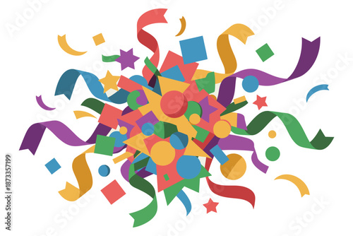 A colorful celebration background with confetti and ribbons in various shapes