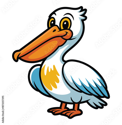 A cartoon pelican with a large orange beak and yellow eyes