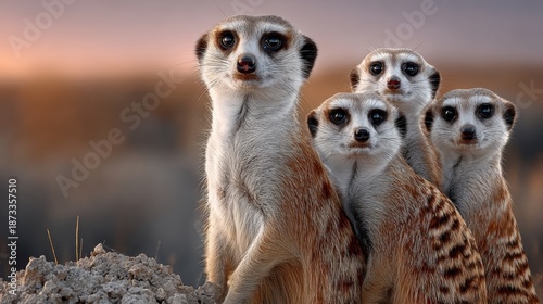 Wallpaper Mural Group of meerkats standing on a rocky mound, looking curiously at the surroundings, with a beautiful sunset in the background, showcasing their social behavior and natural habitat Torontodigital.ca