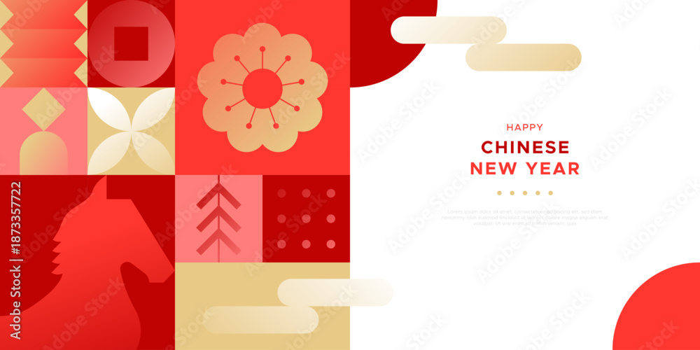 Fototapeta premium Happy Chinese New Year of the horse 2026 modern mosaic illustration template in abstract geometric style. China culture festival event design with gold fortune decoration.