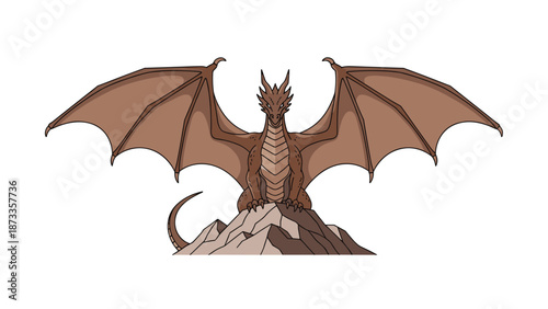 A formidable brown dragon with impressive spread wings sitting on a rocky mountain, ready to take flight or survey its domain.