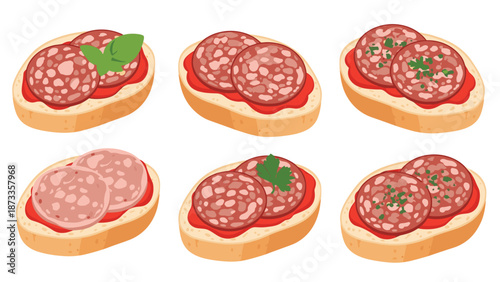 A diverse collection of six different salami bruschettas on toasted bread, each topped with flavorful ingredients, perfect for appetizers.