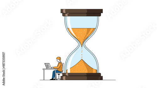 A man seated at a desk, intently working on his laptop, juxtaposed with a giant hourglass symbolizing the passing of time and deadlines.