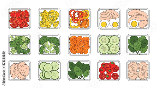 Fifteen transparent containers filled with a colorful assortment of chopped vegetables and proteins, ideal for healthy meal prepping.