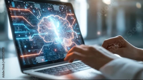 AI Brain Technology Laptop Screen - Futuristic Digital Intelligence and Innovation Concept