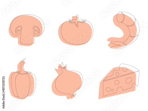 Hand-Drawn Organic & Line Art Pizza Ingredients Vector Set: Shrimp, Leaf, Cheese, Tomato, Bell Pepper, Mushroom & Onion Illustrations.