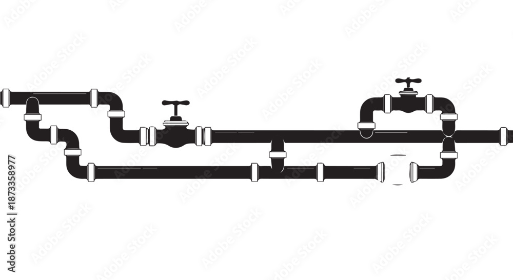 Naklejka premium A black and white illustration of a complex pipe system with valves and fittings.