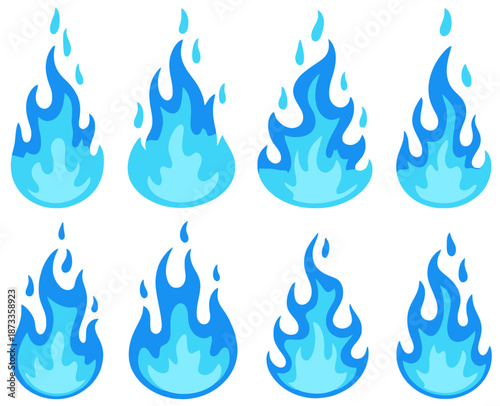 Set of stylized blue flame with teardrop shapes fire energy