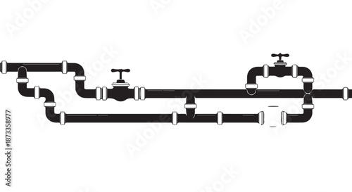 A black and white illustration of a complex pipe system with valves and fittings.