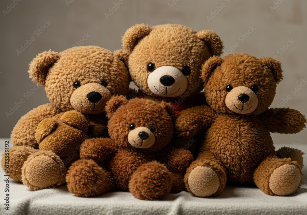 Obraz premium A close-up shot of several worn, soft plush toys piled together, creating a comforting and nostalgic heap of fuzzy friends on a light blanket ,innocent ,handmade ,plaything