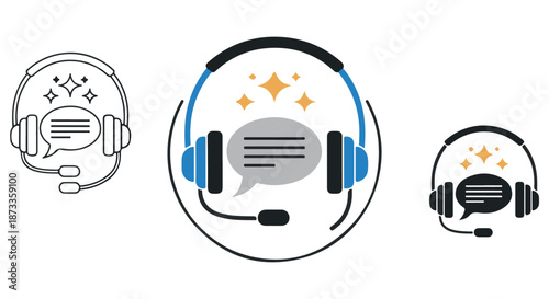 A graphic illustration of customer service headsets with speech bubbles and sparkles on a white background