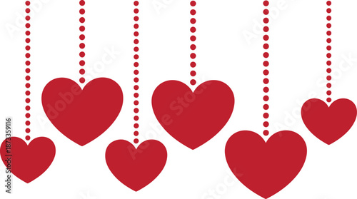 Red heart shapes suspended on dotted lines against a clean white backdrop create a cheerful decorative pattern