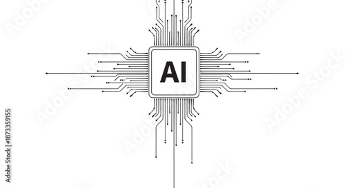 A black and white illustration of a microchip with AI written in the center.