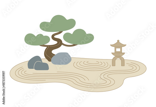 Stylized Japanese zen garden with raked sand tree rocks and stone lantern