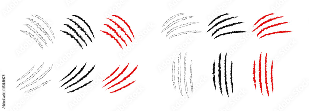 Fototapeta premium Animal claw scratches and marks. Set. Black, red bloody silhouettes and outline. Icon, flat. Vector isolated on white background. Scratches from a cat, tiger, lion, dog, jaguar, bear, puma, leopard.