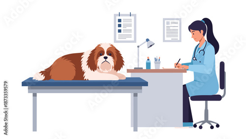 Dedicated female veterinarian in a blue scrub suit consulting with a large, fluffy brown and white dog patiently lying on an examination table, depicted in a detailed pixel art style.