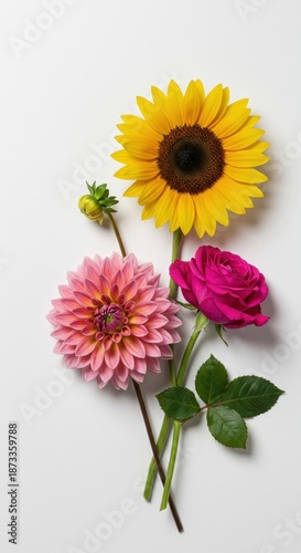 Beautiful floral arrangement featuring a vibrant dahlia, a bright sunflower, and a deep magenta rose on a clean white background ,macro, deep, purity