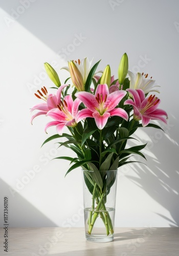 Elegant bouquet of fresh pink and white blooming lily flowers in a glass vase sitting on a subtle table against a bright pure white background ,decoration ,lilies ,fresh