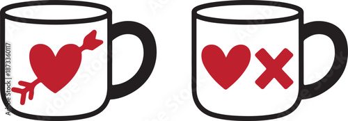 Two graphic mugs with black outlines feature red hearts and a crossed out X on a white background