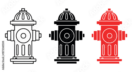 A set of three colorful fire hydrant icons in black, white, and red on a clean background