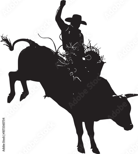 Action silhouette of a rodeo cowboy riding a bucking bull, intense competition and western sports concept on white background.