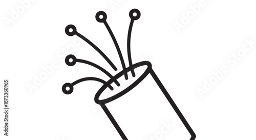 A simple black and white illustration of a cylinder with lines and circles coming out of it