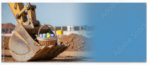 Excavator bucket holding wicker basket with colorful easter eggs at construction site