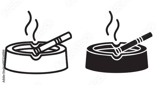 A black and white illustration of two cigarette ashtrays with smoking cigarettes